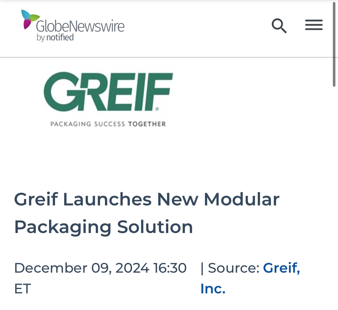 Grief Launches New Modular Packaging Solution.