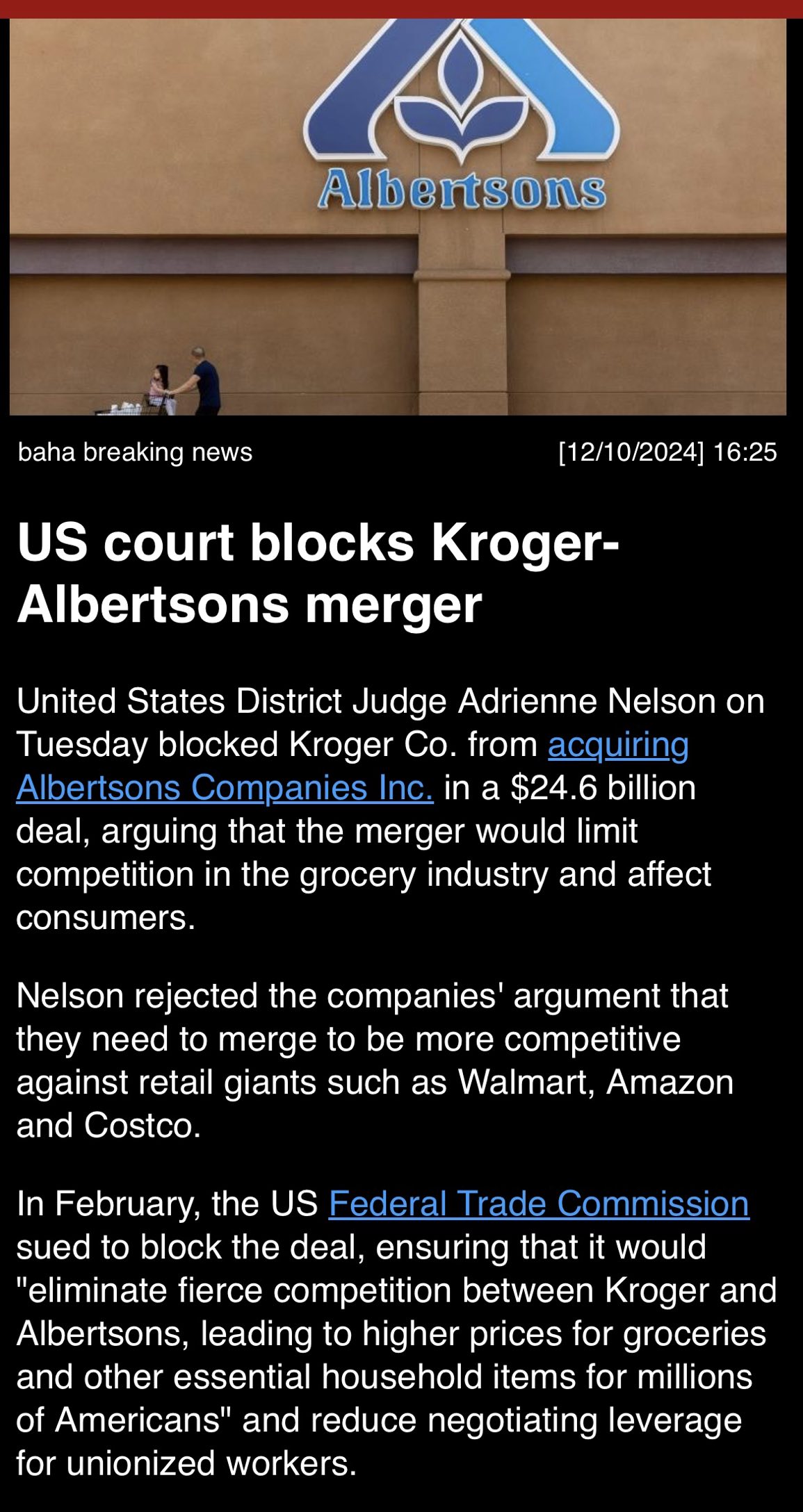 U.S. court blocks Kroger-Albertsons merger.