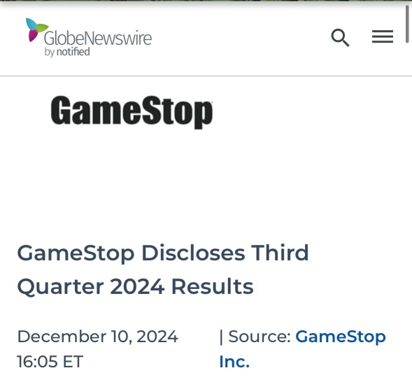 GameStop Discloses Third Quarter 2024 Results