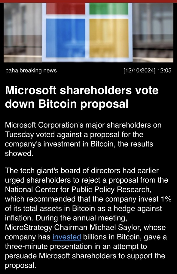 Microsoft shareholders vote down Bitcoin proposal.