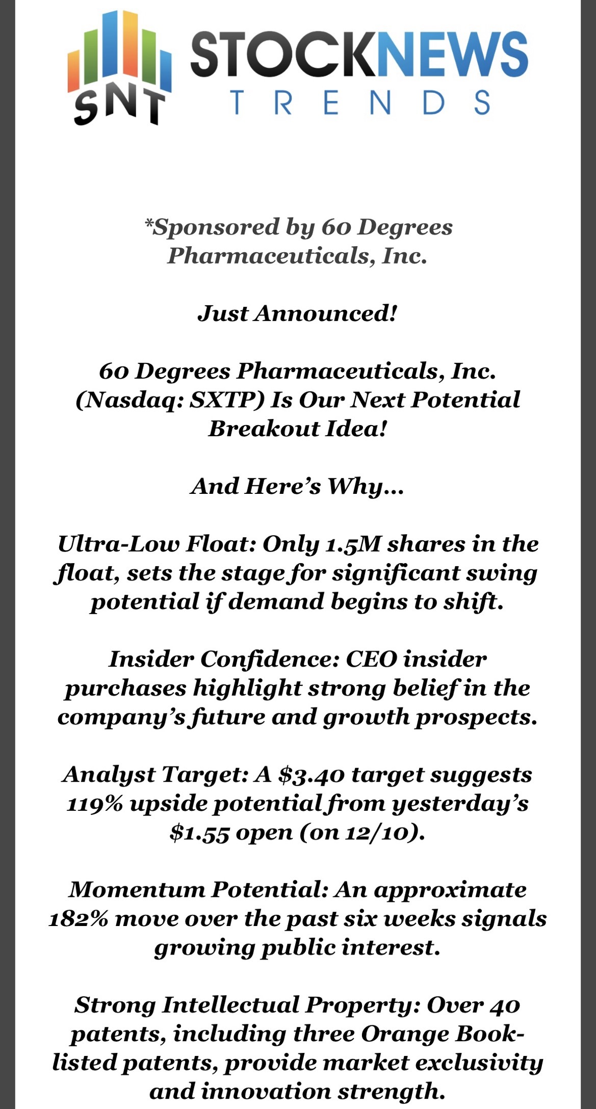 $60 Degrees Pharmaceuticals (SXTP.US)$