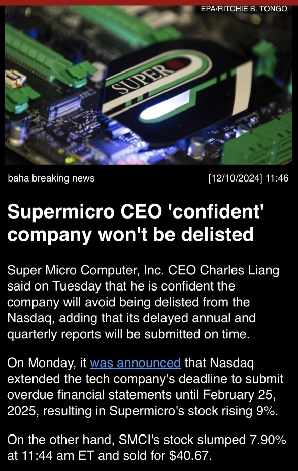 SuperMicro CEO “confident” company won’t be delisted.