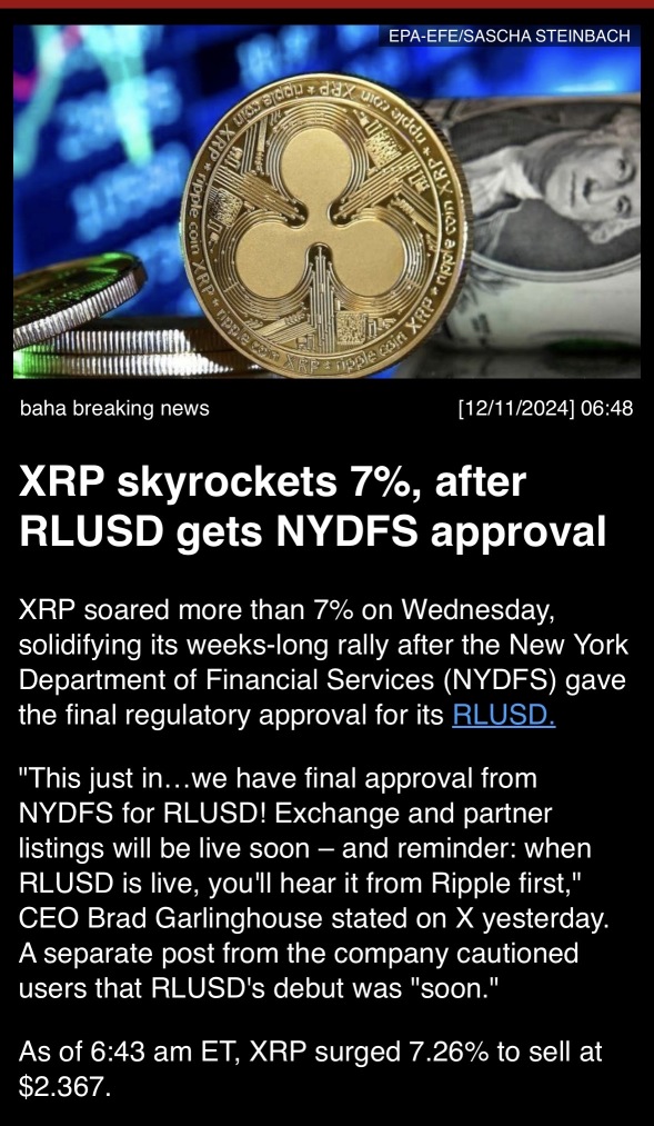 XRP skyrockets 7% after RLUSD gets NYDFS approval.