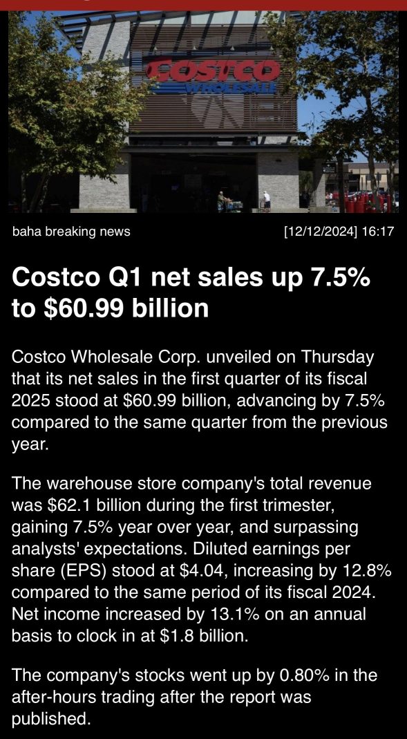 Costco Q1 net sales up 7.5% to $60.99 billion