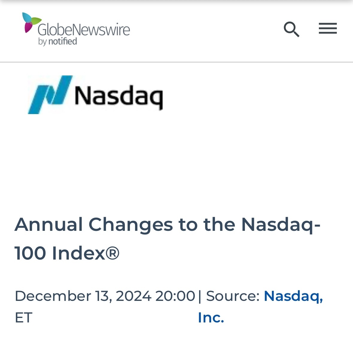 Annual Changes to the Nasdaq 100 index.