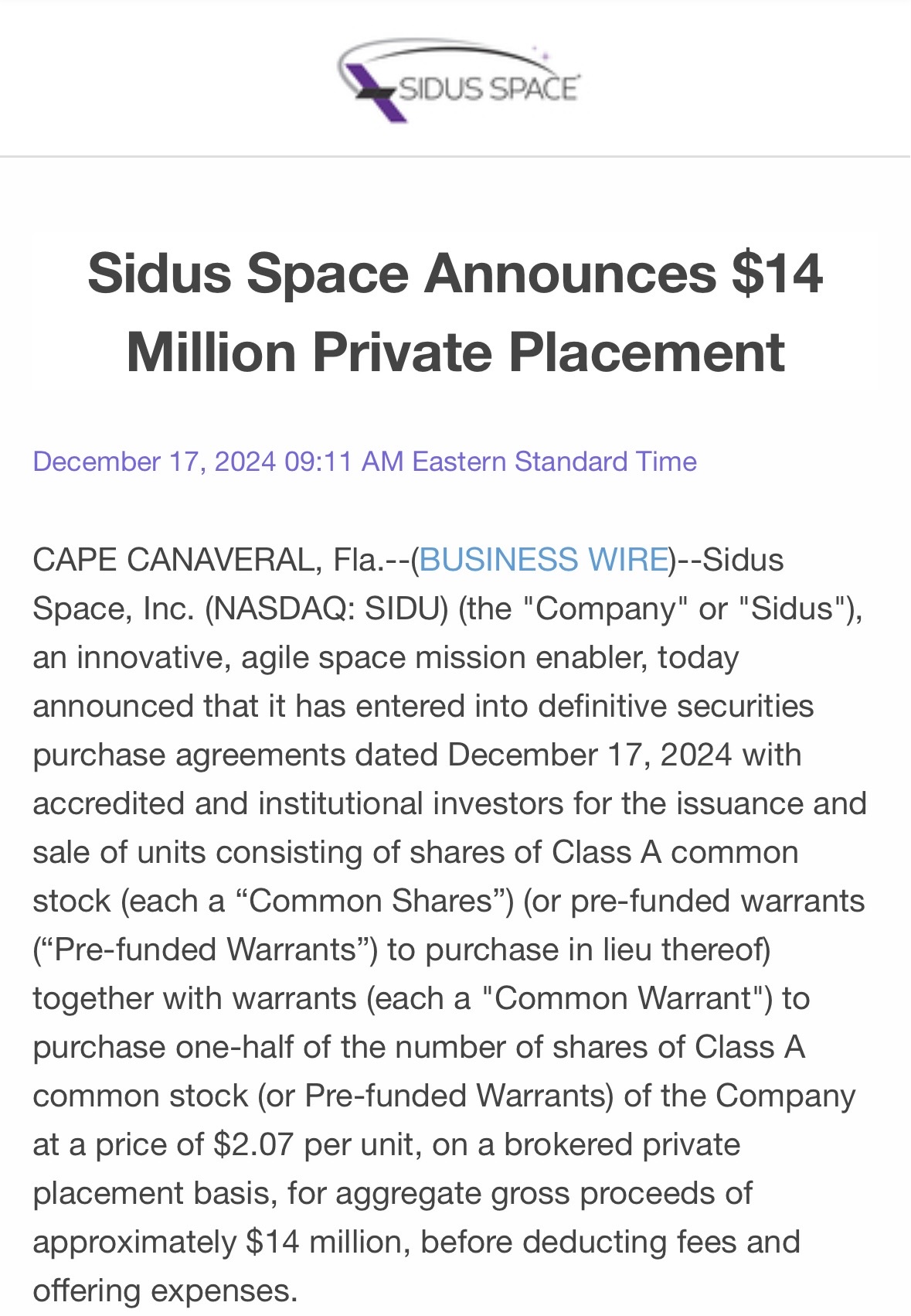 Sidus Spaceは1400万ドルの非公募発行を発表しました。