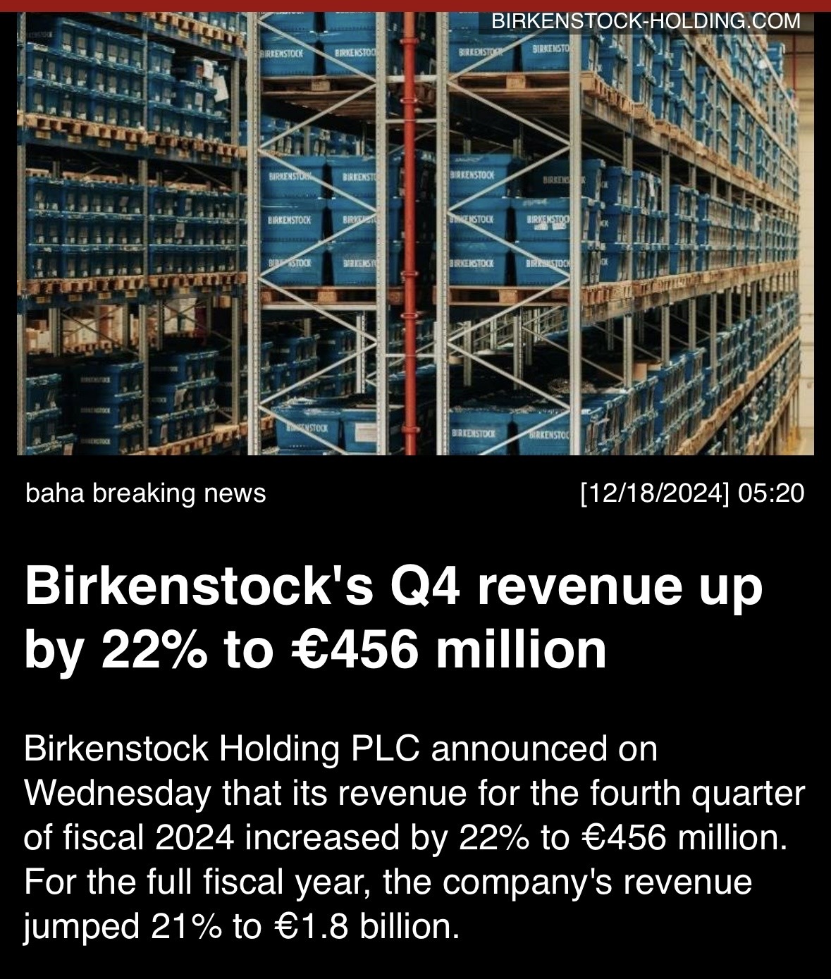 Birkenstock’s Q4 revenue up by 22% to €456 million