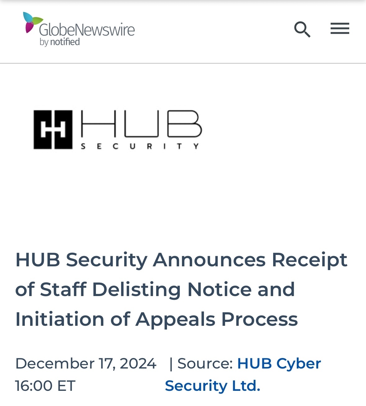 $HUB Cyber Security (HUBC.US)$