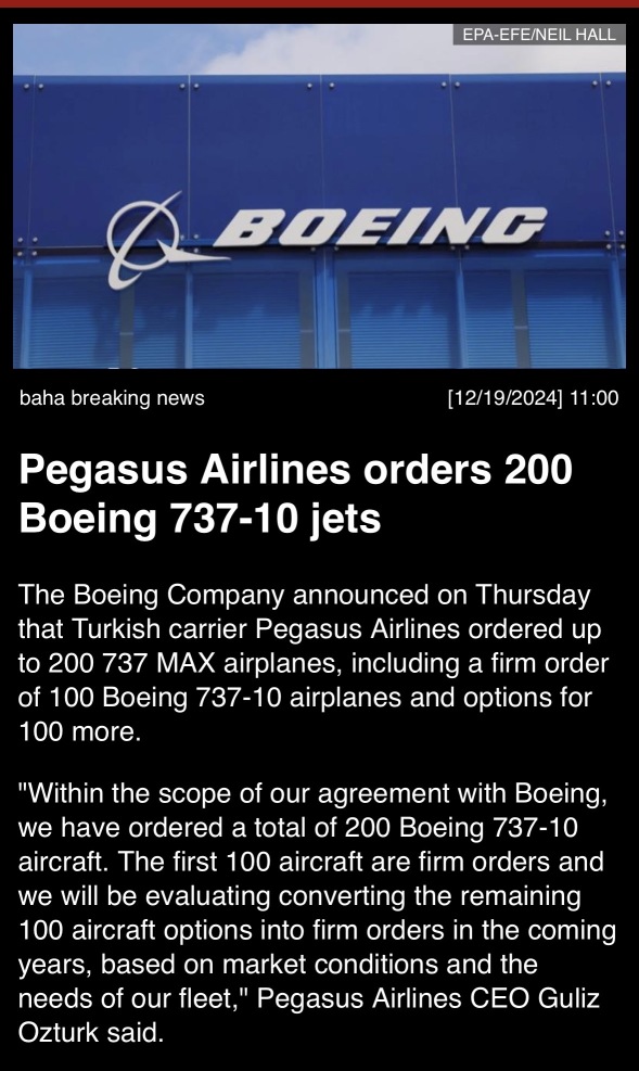 Pegasus Airlines orders 200 Boeing 737-10 jets.