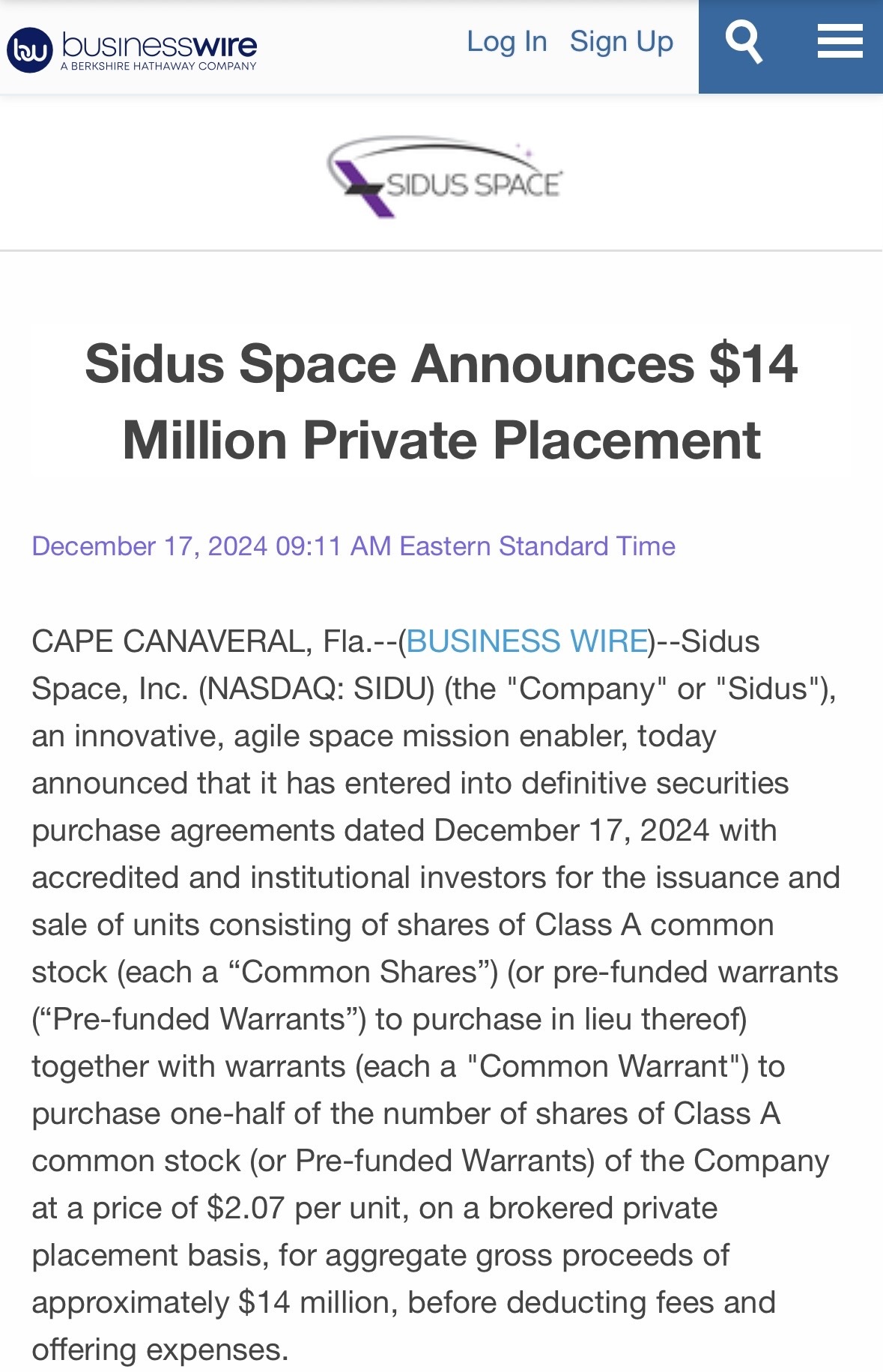 $Sidus Space (SIDU.US)$