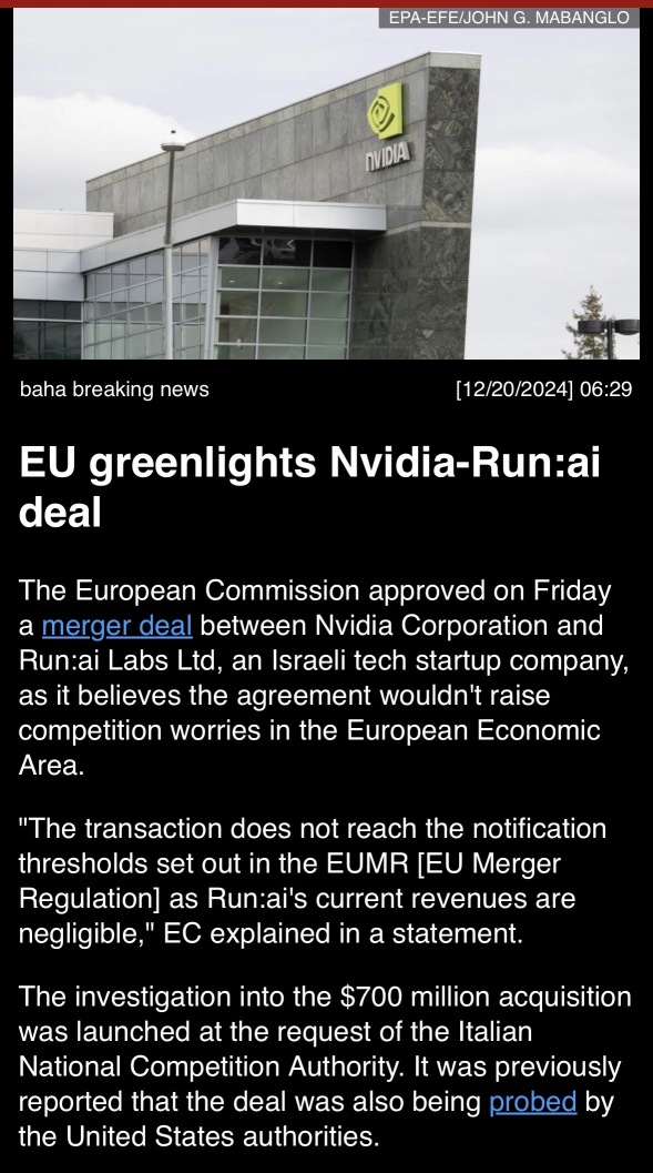 EU greenlights Nvidia-Run:ai deal.