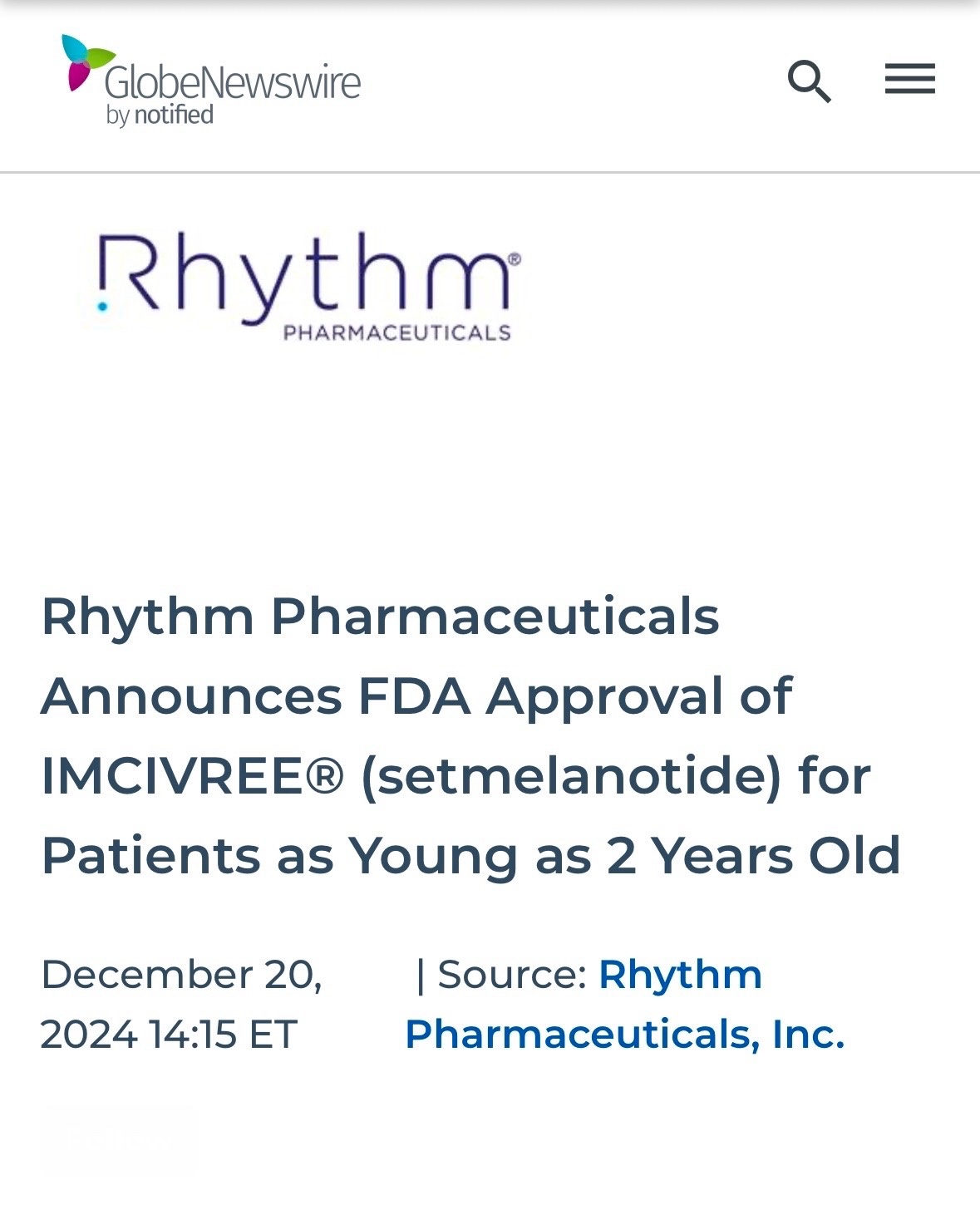 $Rhythm Pharmaceuticals (RYTM.US)$