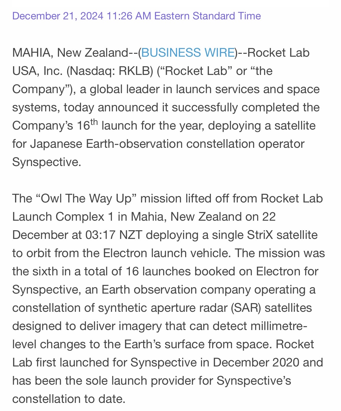 Rocket Lab Successfully Deploys Satellite for Synspective……….