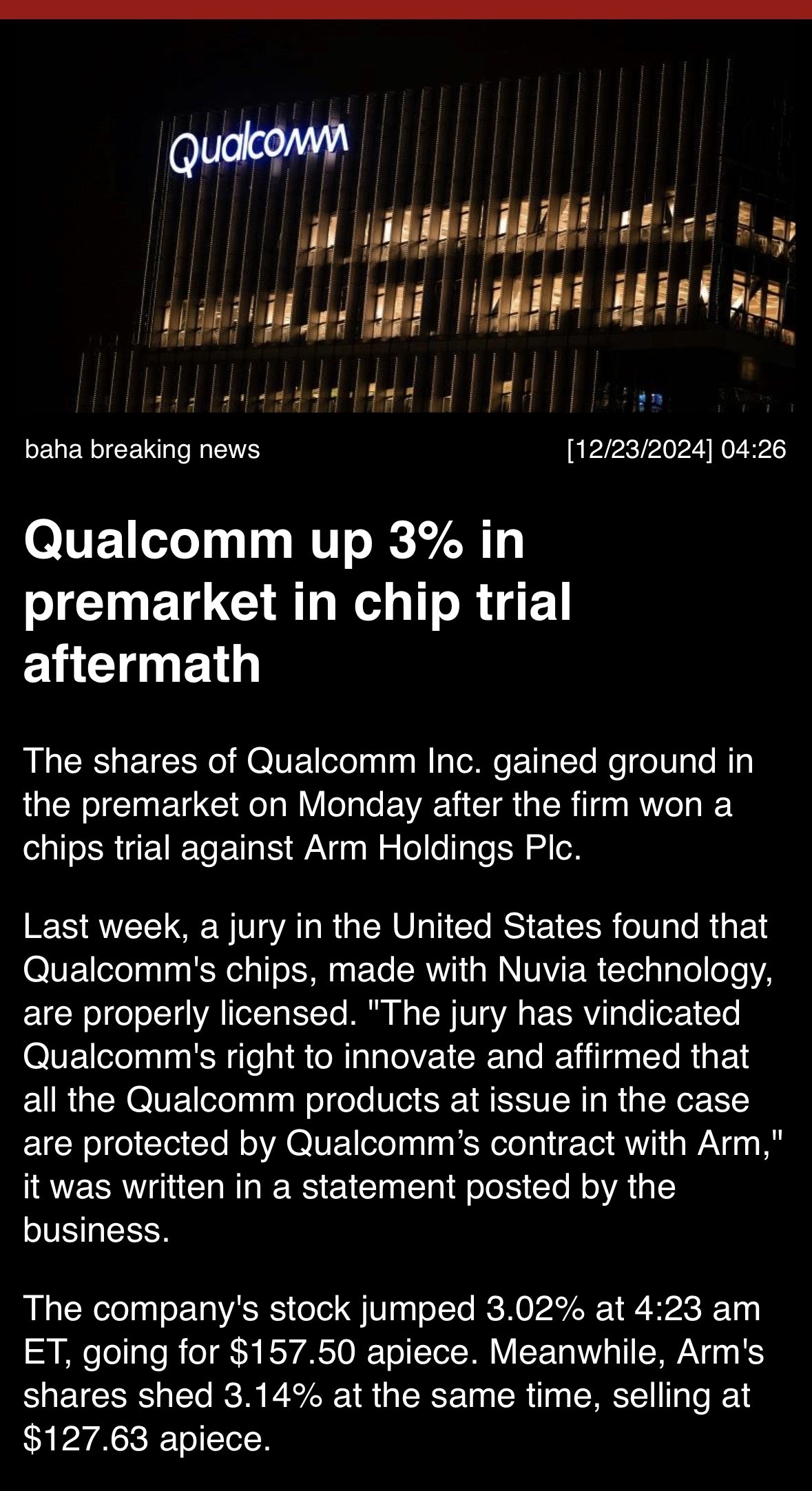 Qualcomm up 3% in premarket in chip trial aftermath