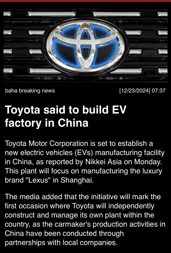 Toyota said it build EV factory in China. 🇨🇳