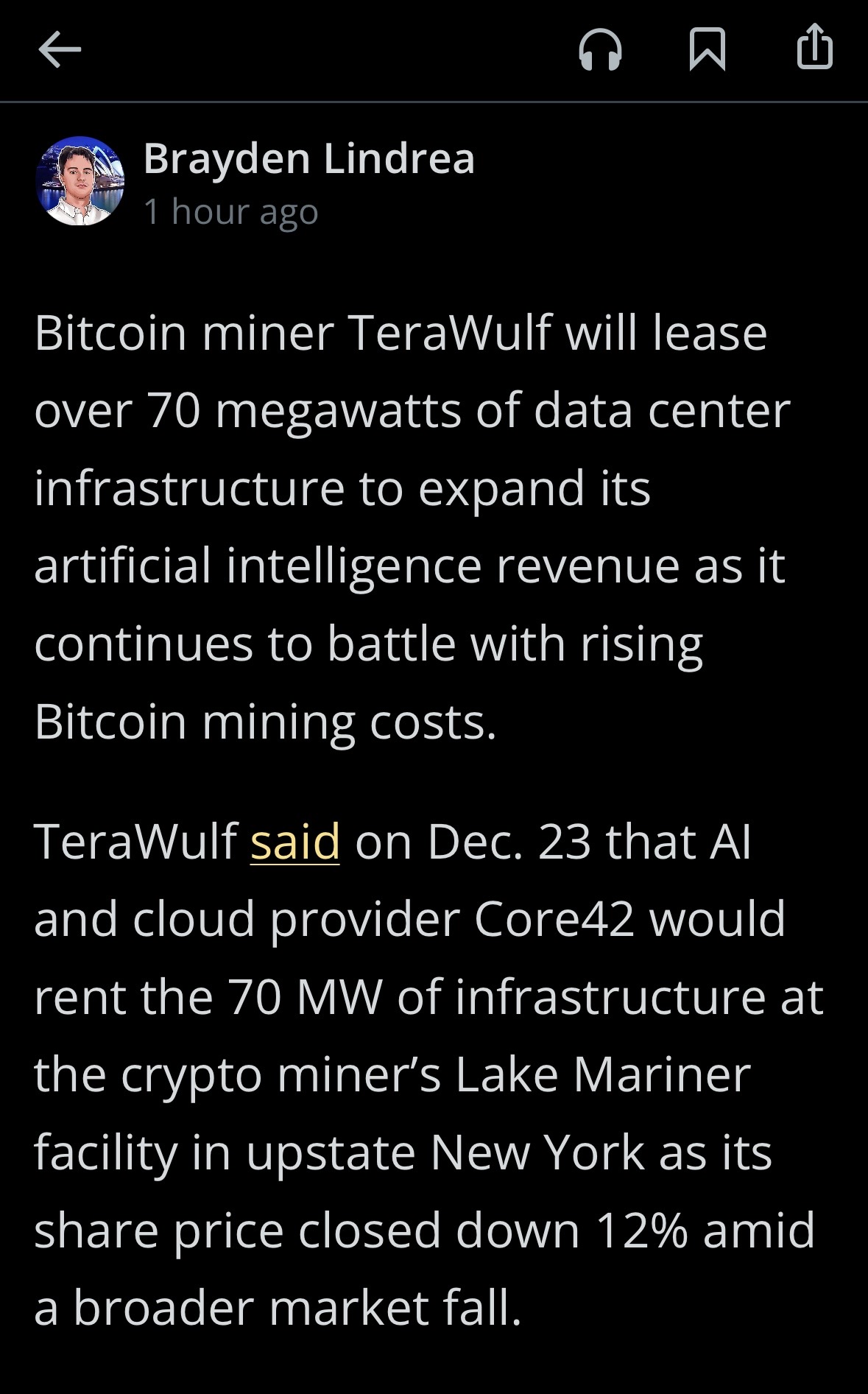 TeraWulfは、ビットコインの採掘コストが急上昇する中、70 MWを人工知能をホストするためにリースする予定です。