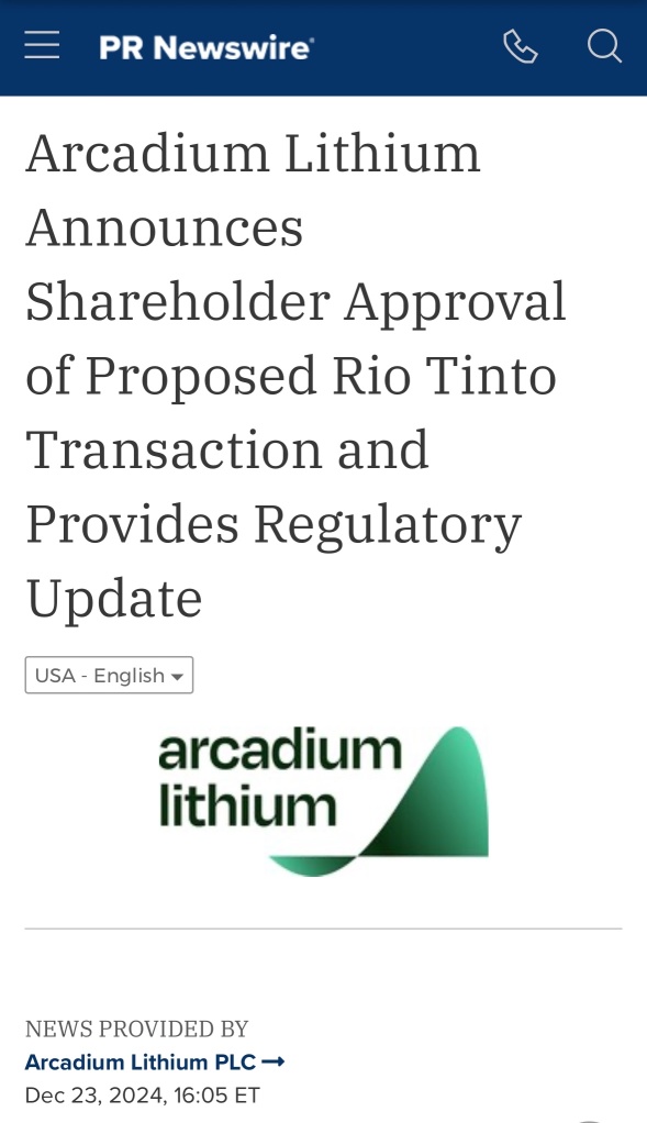 Arcadium Lithium secured $6.7B Rio Tinto deal.