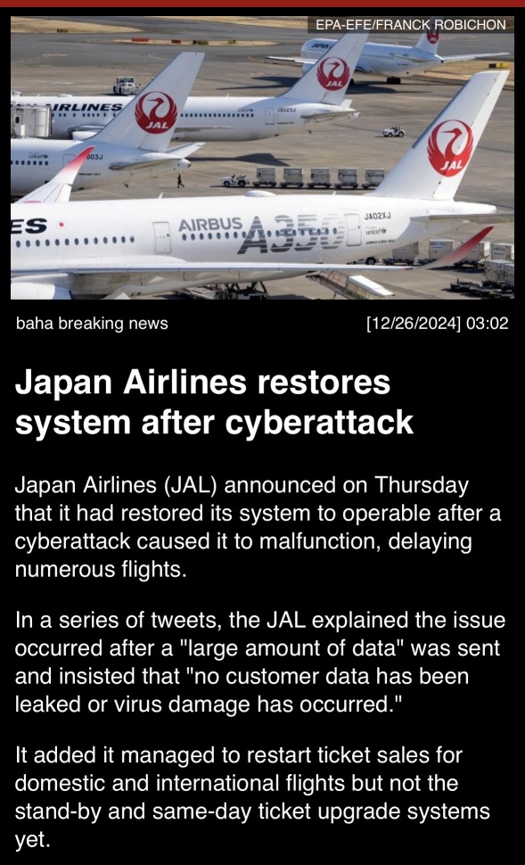 Japan Airlines restores system after cyberattack