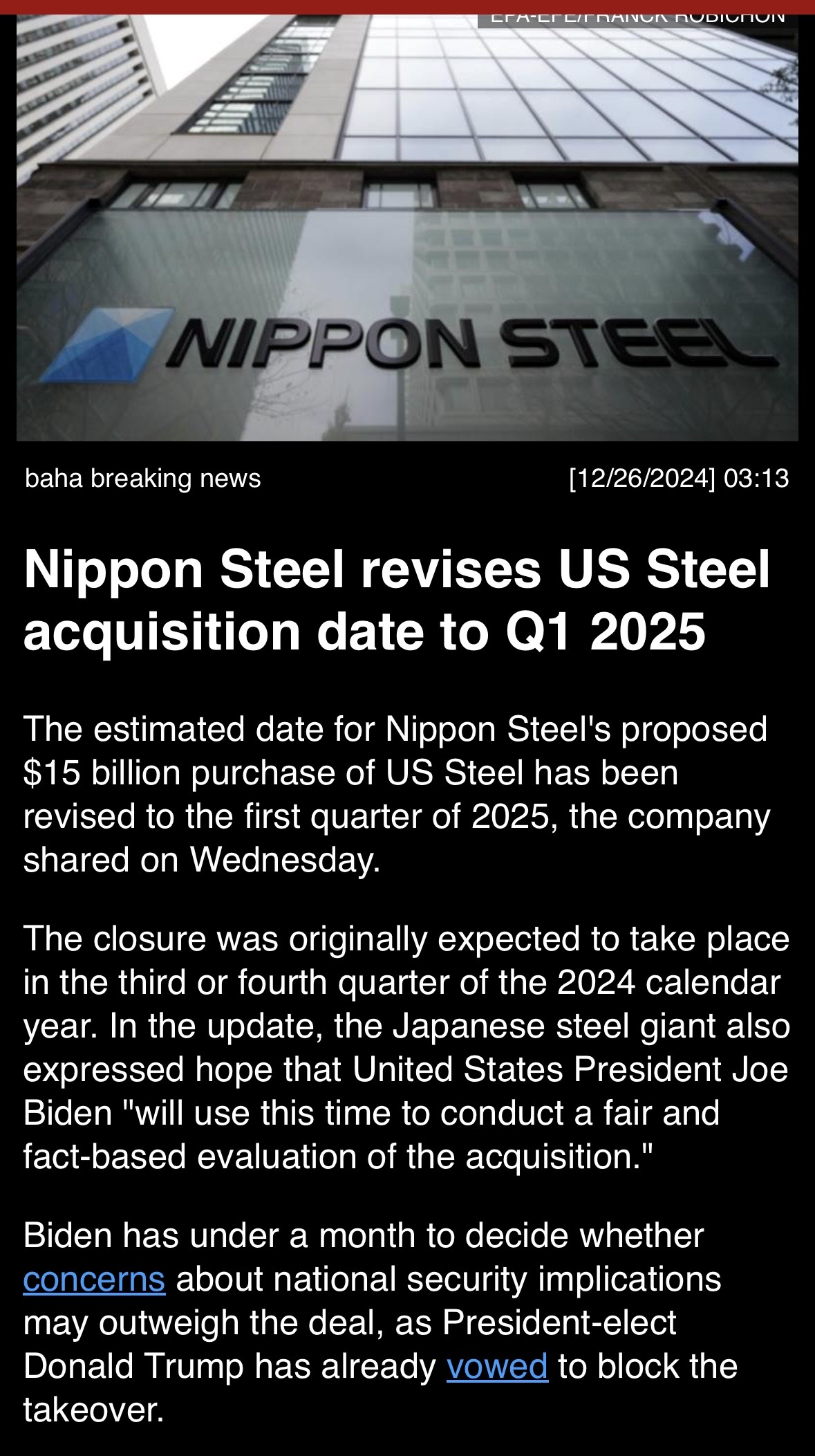 Nippon Steel revises U.S. Steel acquisition date to Q1 2025.