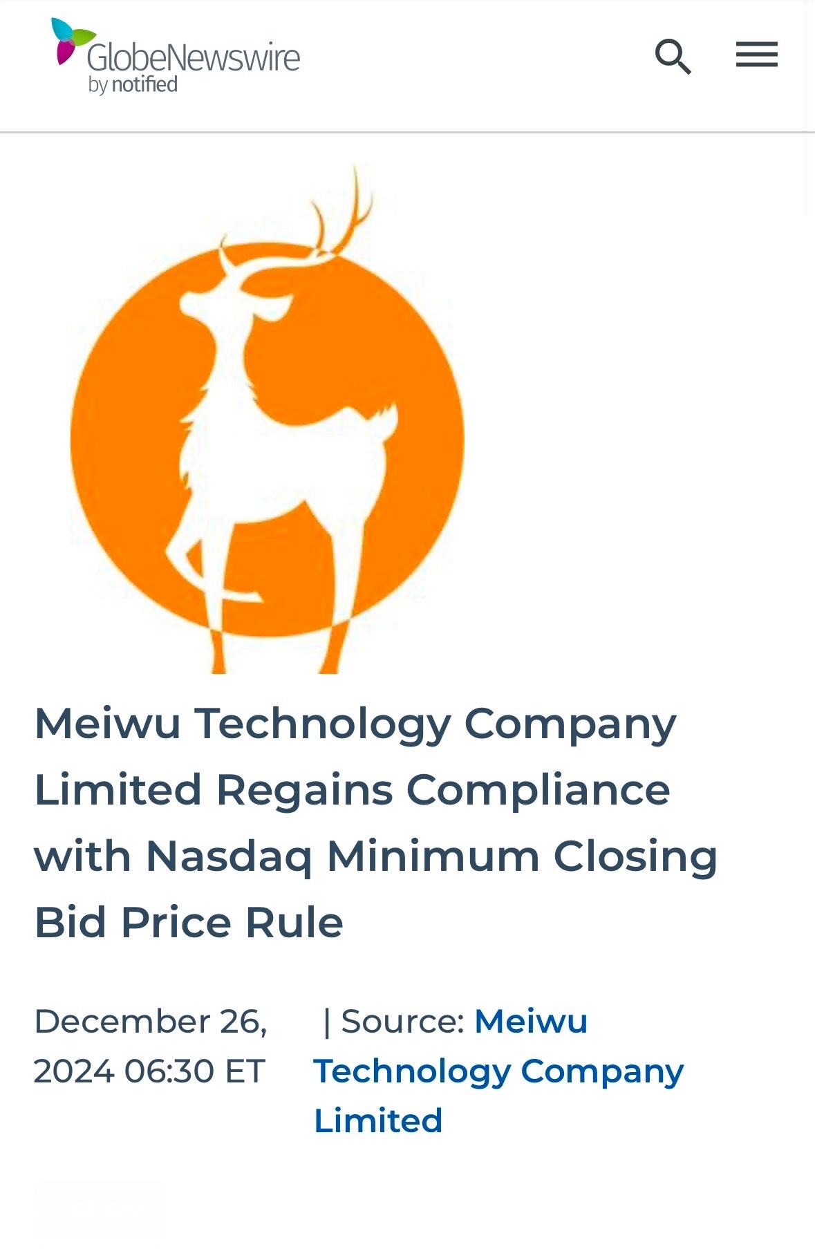 $Meiwu Technology (WNW.US)$