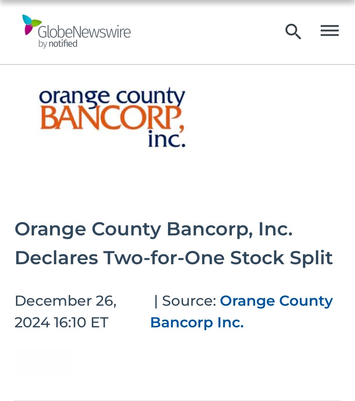 $Orange County Bancorp (OBT.US)$