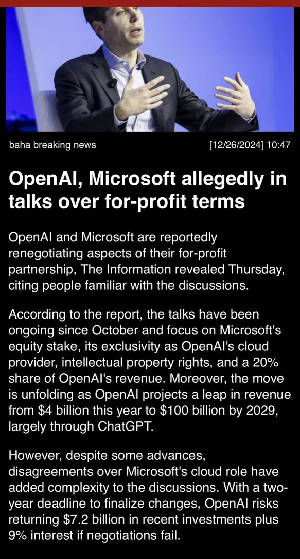 OpenAI, Microsoft allegedly in talks over for-profit terms.