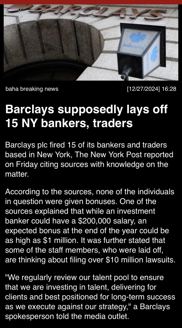 Barclays supposedly lays off 15 NY bankers, traders 📊💈