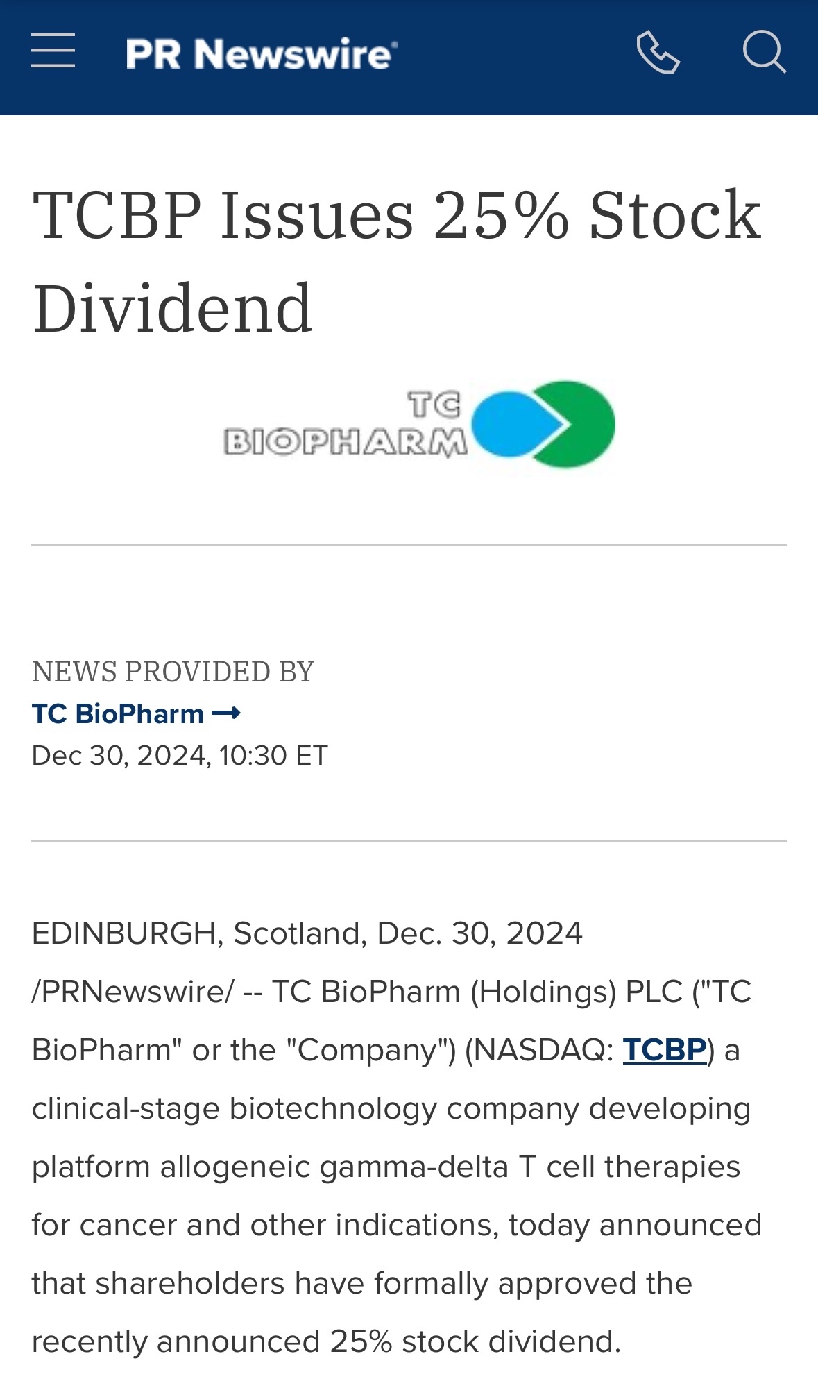 $TCバイオファームホールディングスPLC (TCBP.US)$