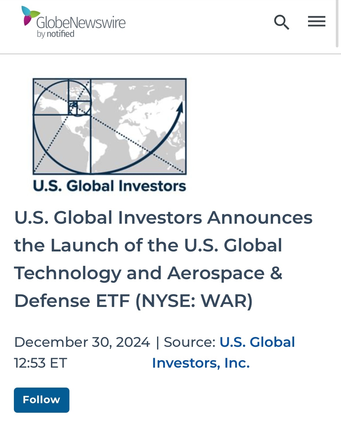 $USグローバル・インベスターズ クラスA (GROW.US)$$US Global Technology And Aerospace & Defense ETF (WAR.US)$