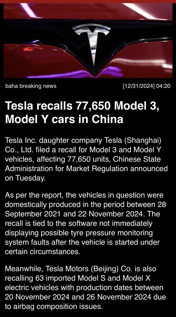 Tesla recalls 77,650 Model 3, Model Y cars in China.