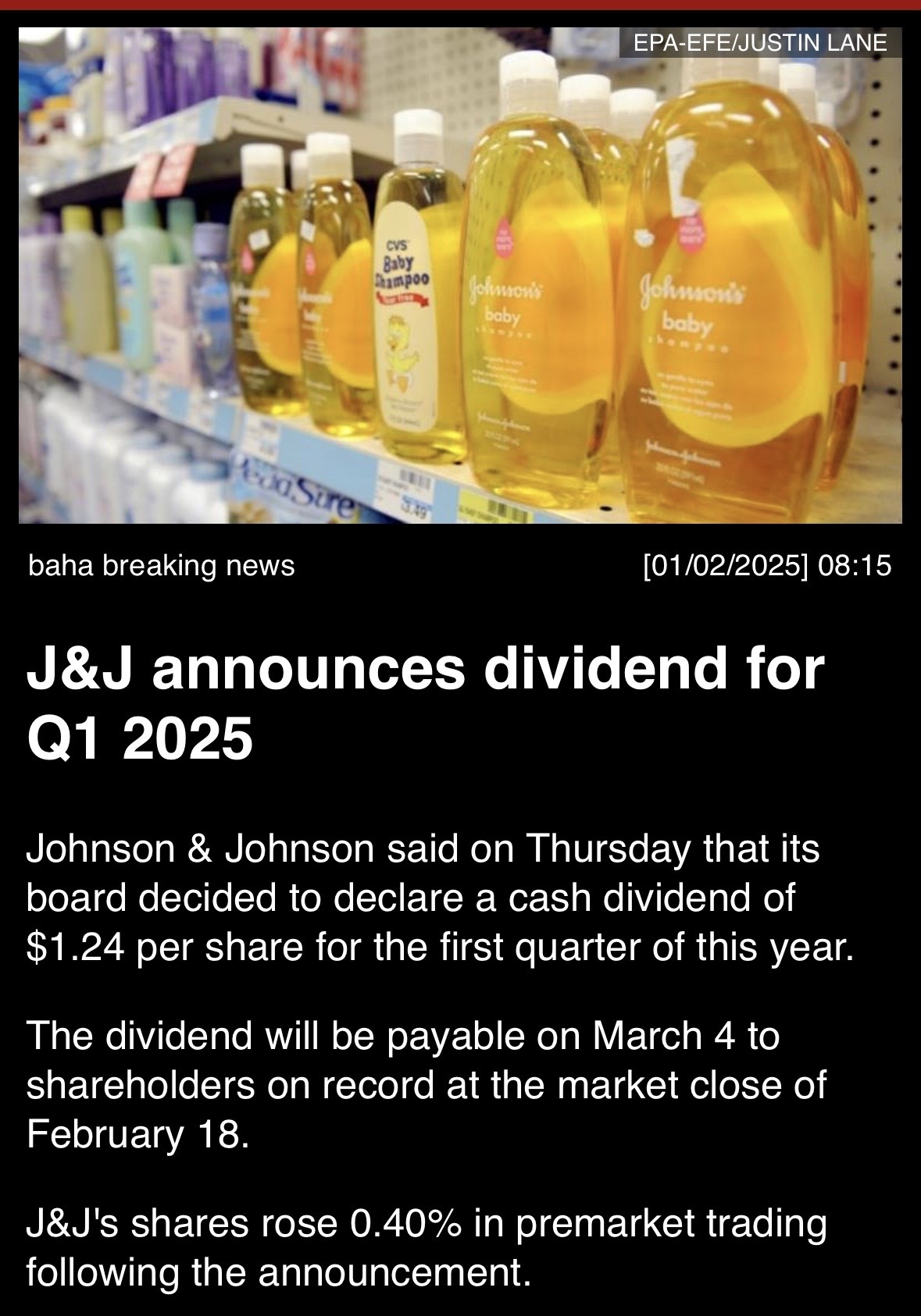 J&J announces dividend for Q1 2025