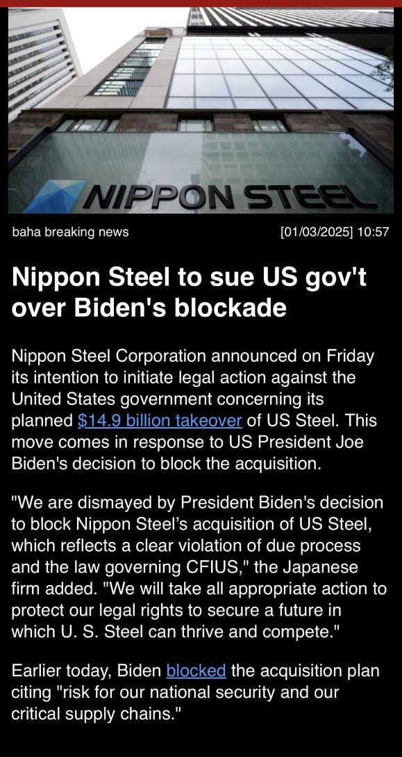 Nippon Steel to sue U.S. gov’t over Biden’s blockade. (Trump said he’d block it too)