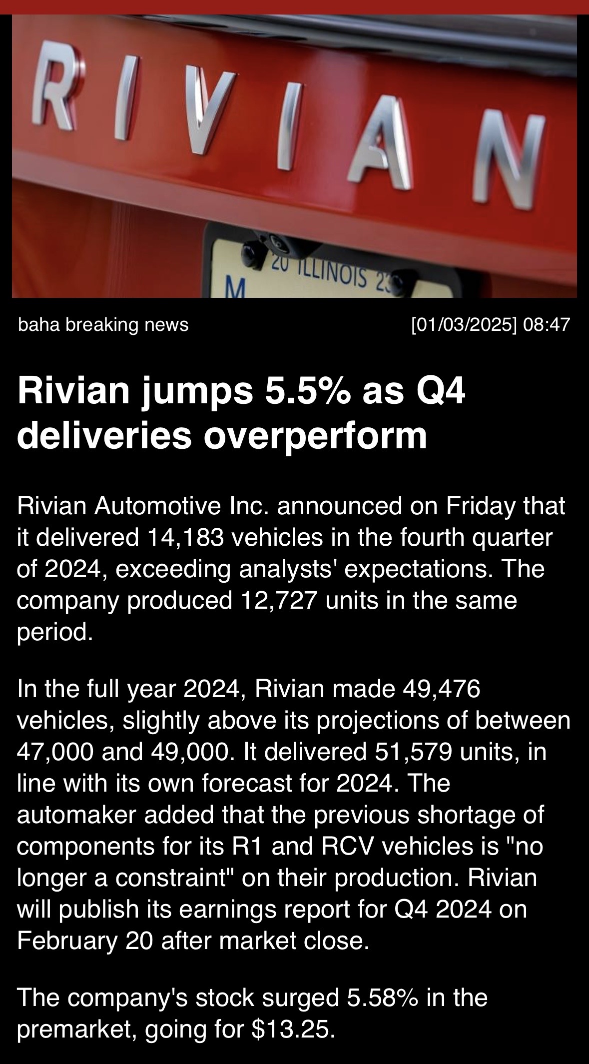 Rivian jumps 5.5% as Q4 deliveries over perform