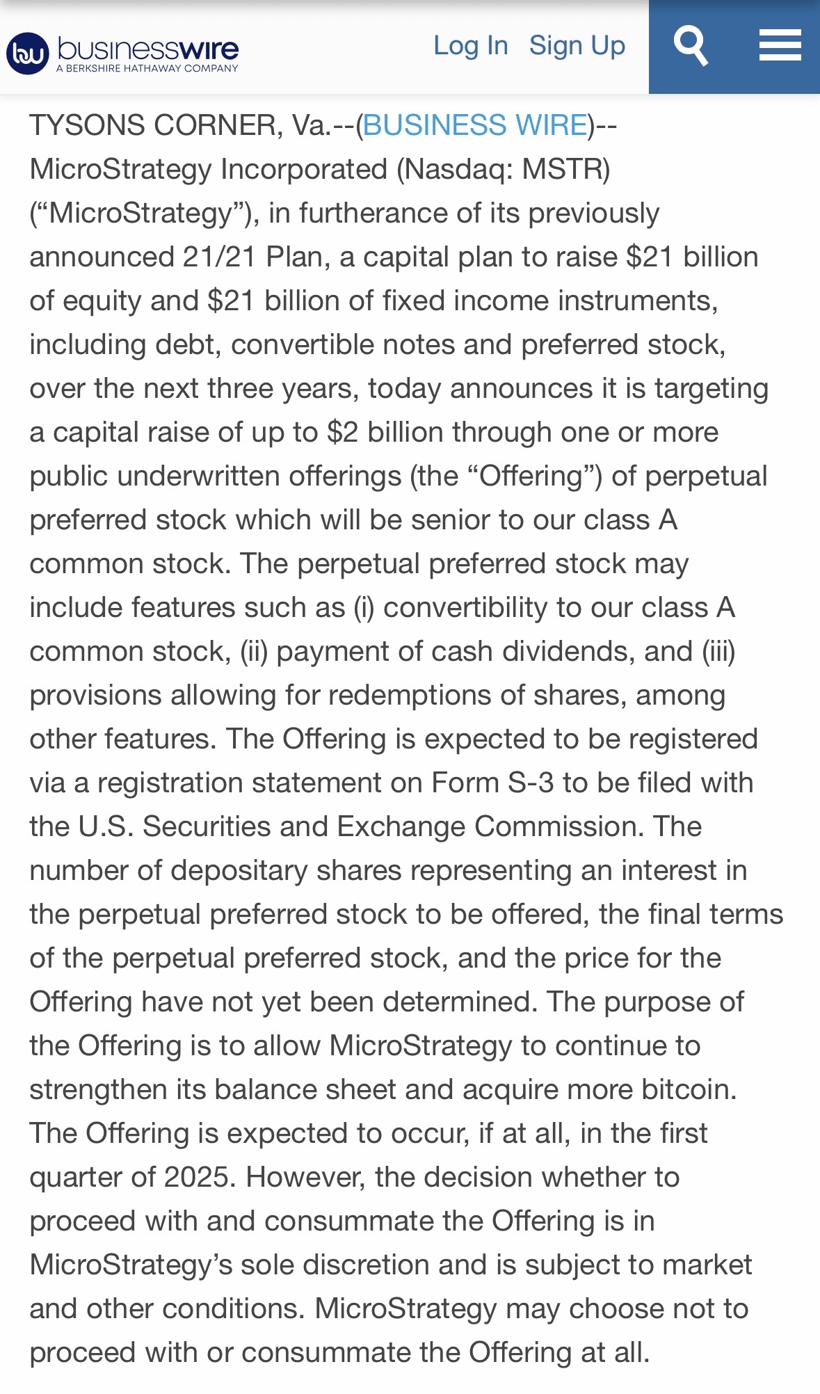 MicroStrategy to Target a Capital Raise of up to $2 Billion of Preferred Stock