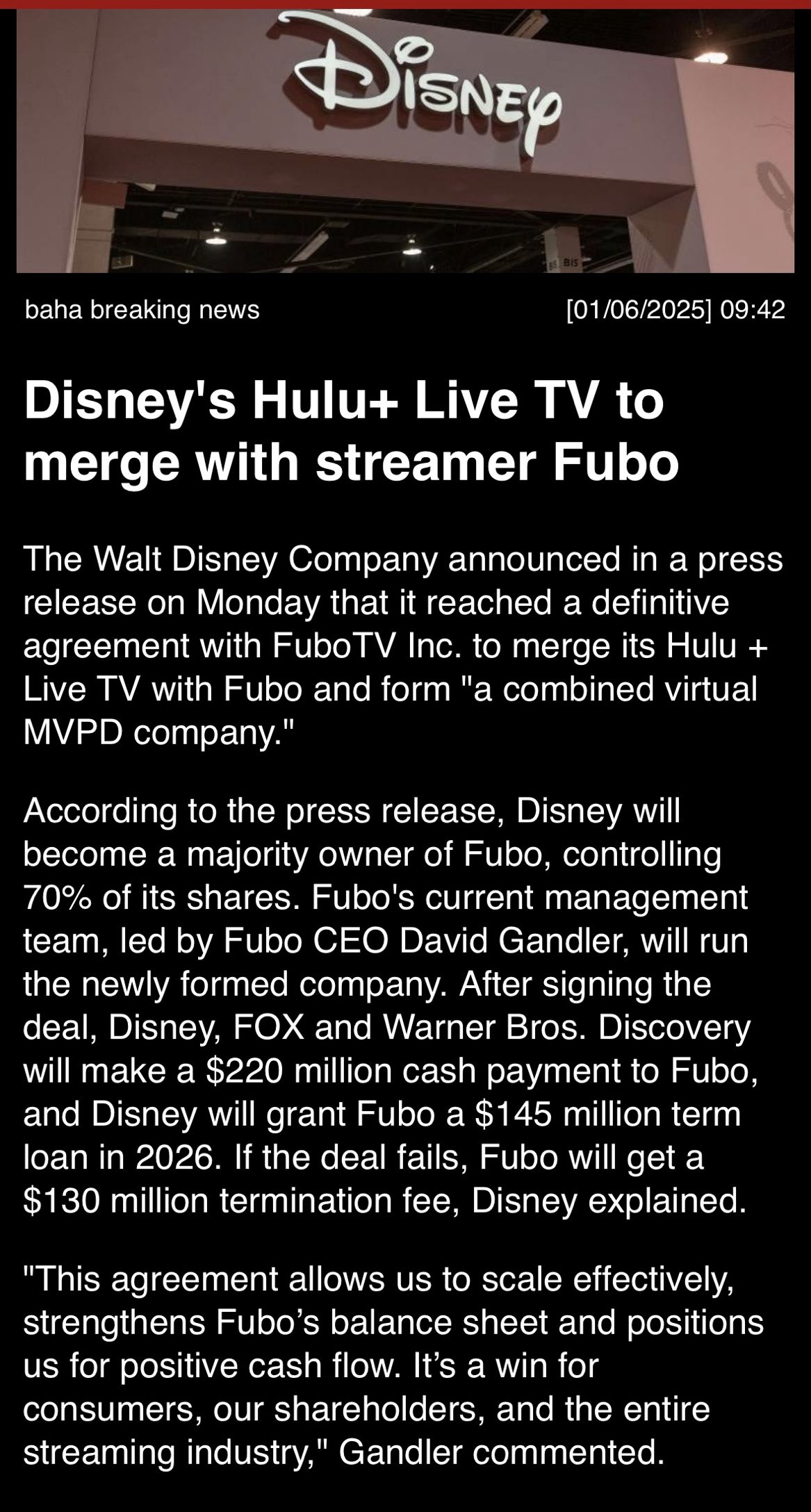 Disney’s Hulu+ Live to merge with streamer Fubo