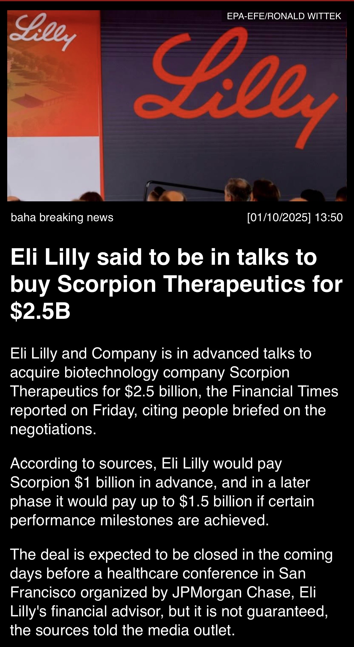 Eli Lilly據稱正在就以25億美元收購Scorpion Therapeutics進行洽談