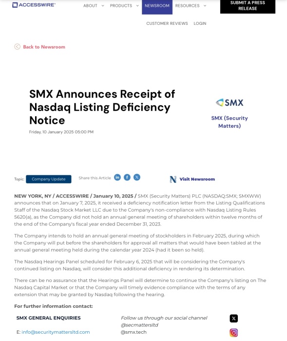 SMX Announces Receipt of Nasdaq Listing Deficiency Notice 🚨