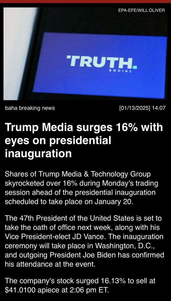 Trump Media surges 16% with eyes on presidential inauguration