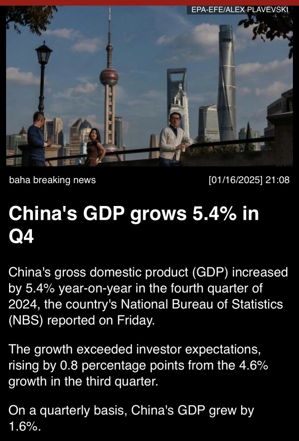 China’s GDP grows 5.4% in Q4