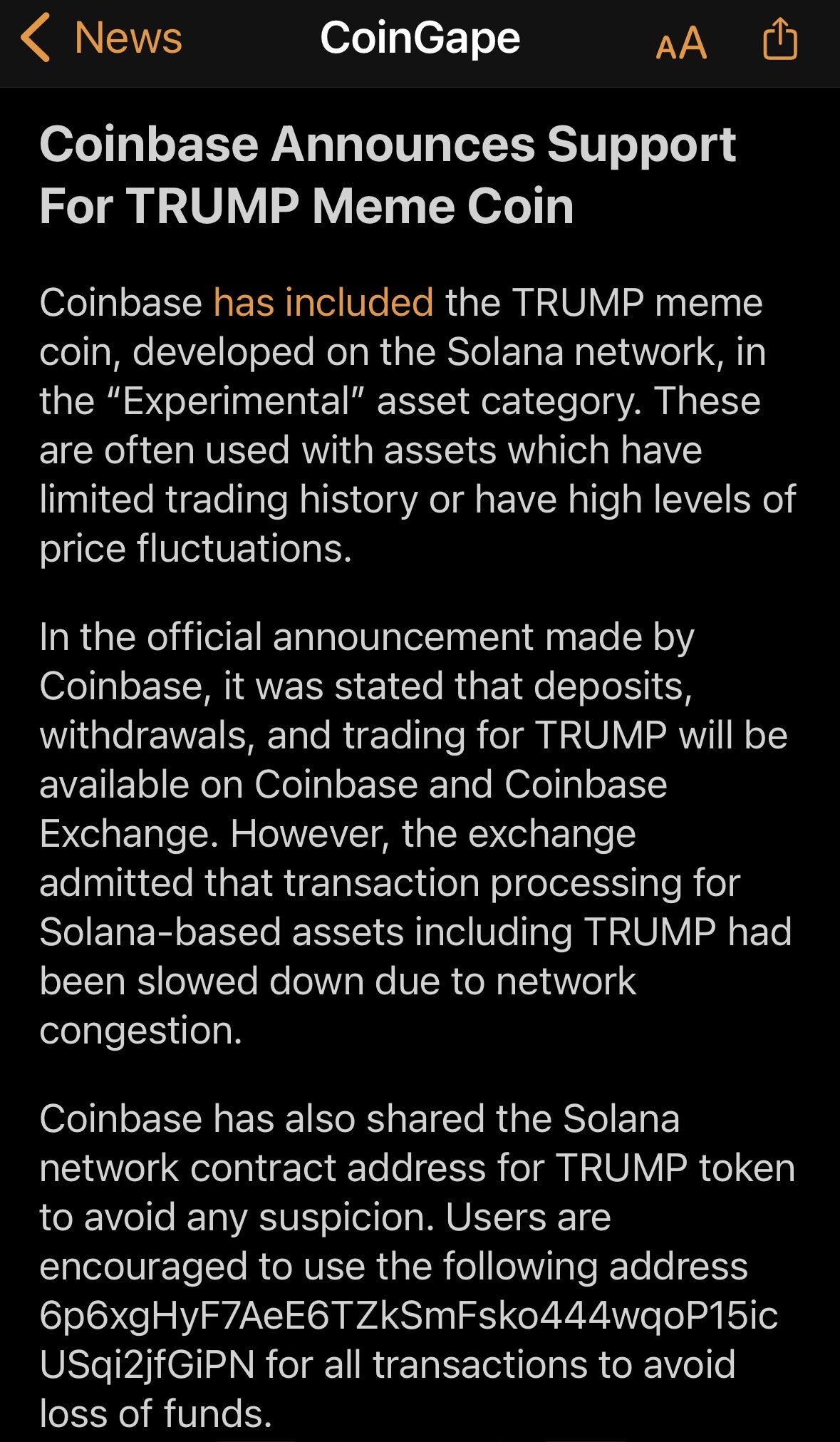 Coinbase Announces Support For TRUMP Meme Coin