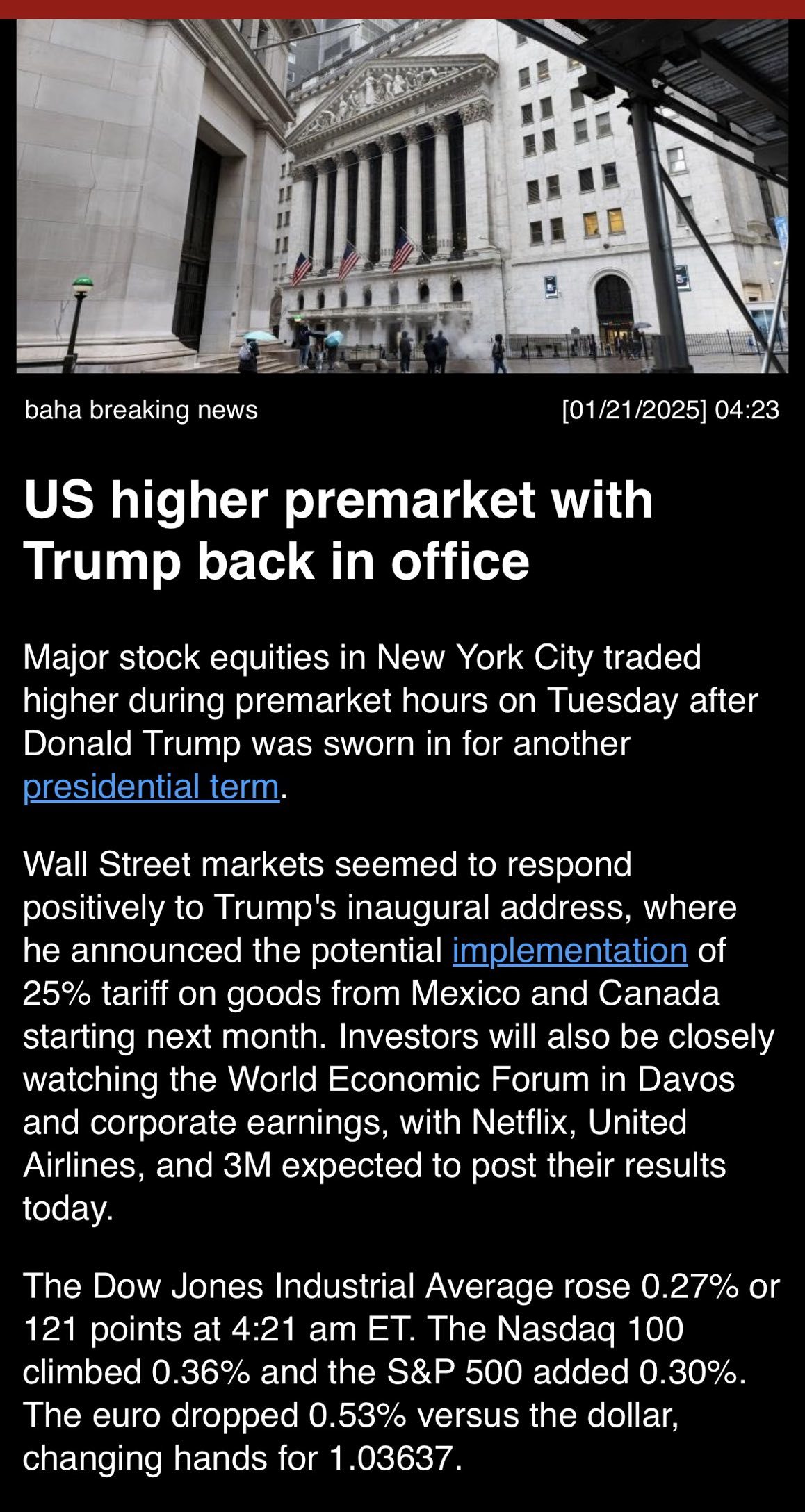 U.S. higher premarket with Trump back in office