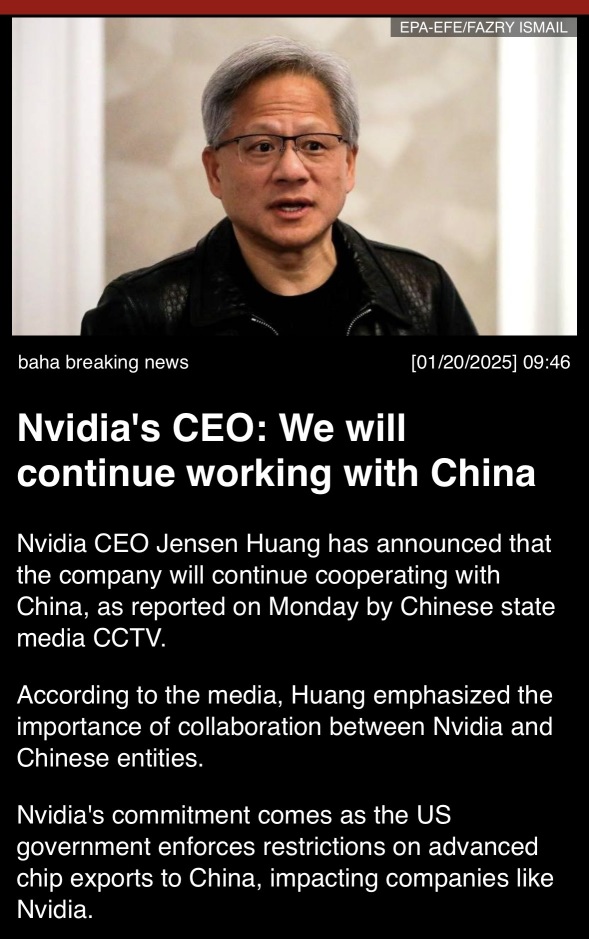 Nvidia’s CEO: We will continue working with China 🇨🇳