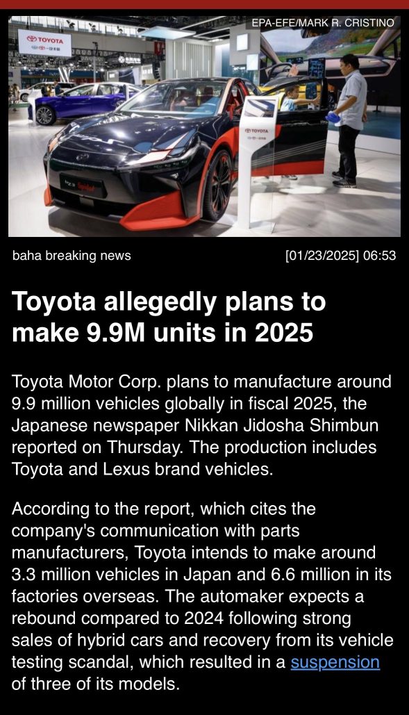 Toyota allegedly plans to make 9.9M units in 2025