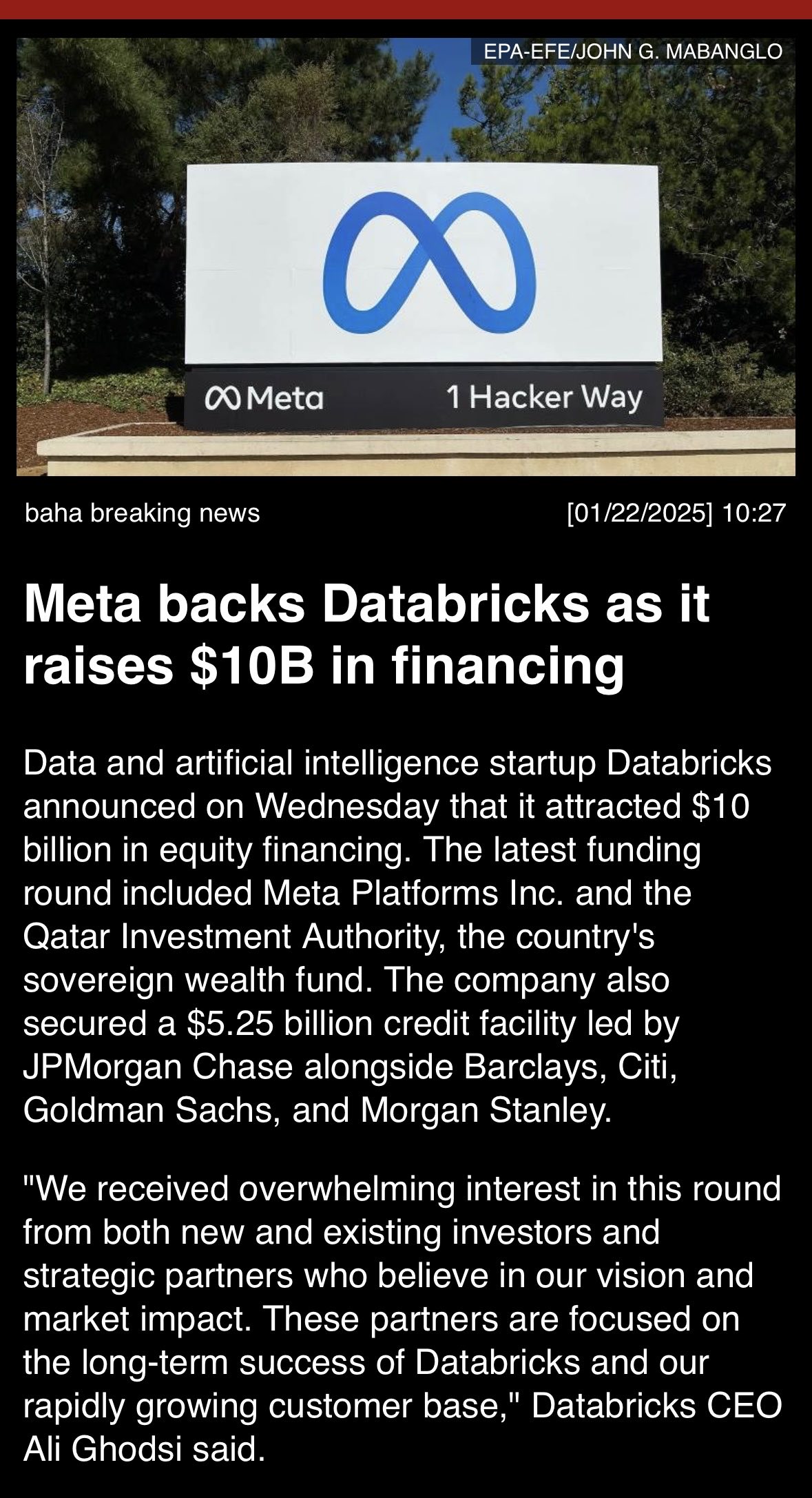 Meta backs Databricks as it raises $10B in financing