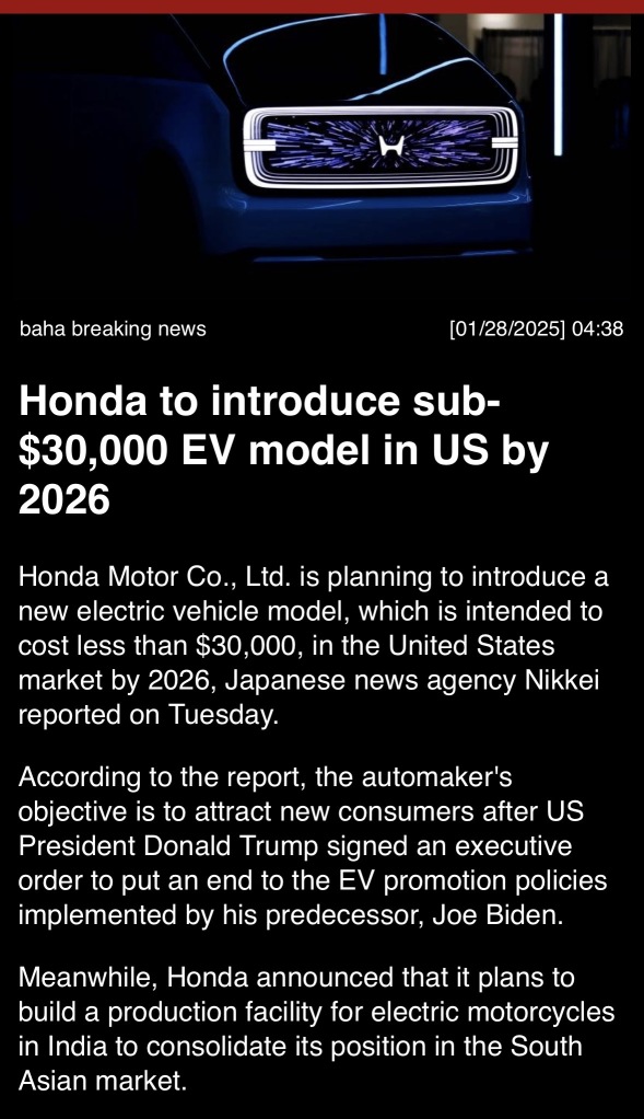 Honda to introduce sub- $30,000 EV model in U.S. by 2026