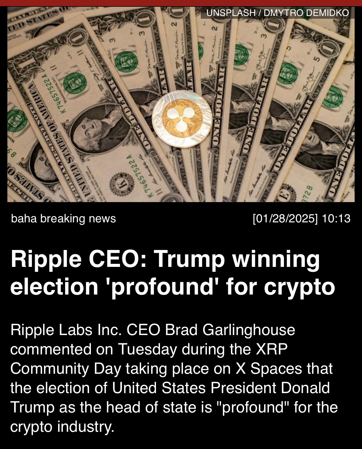 Ripple CEO: Trump winning election “profound” for crypto - moomoo Community