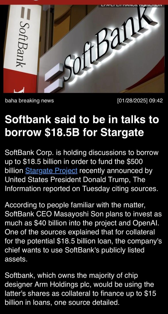 SoftBank said to be in talks to borrow $18.5B for Stargate.