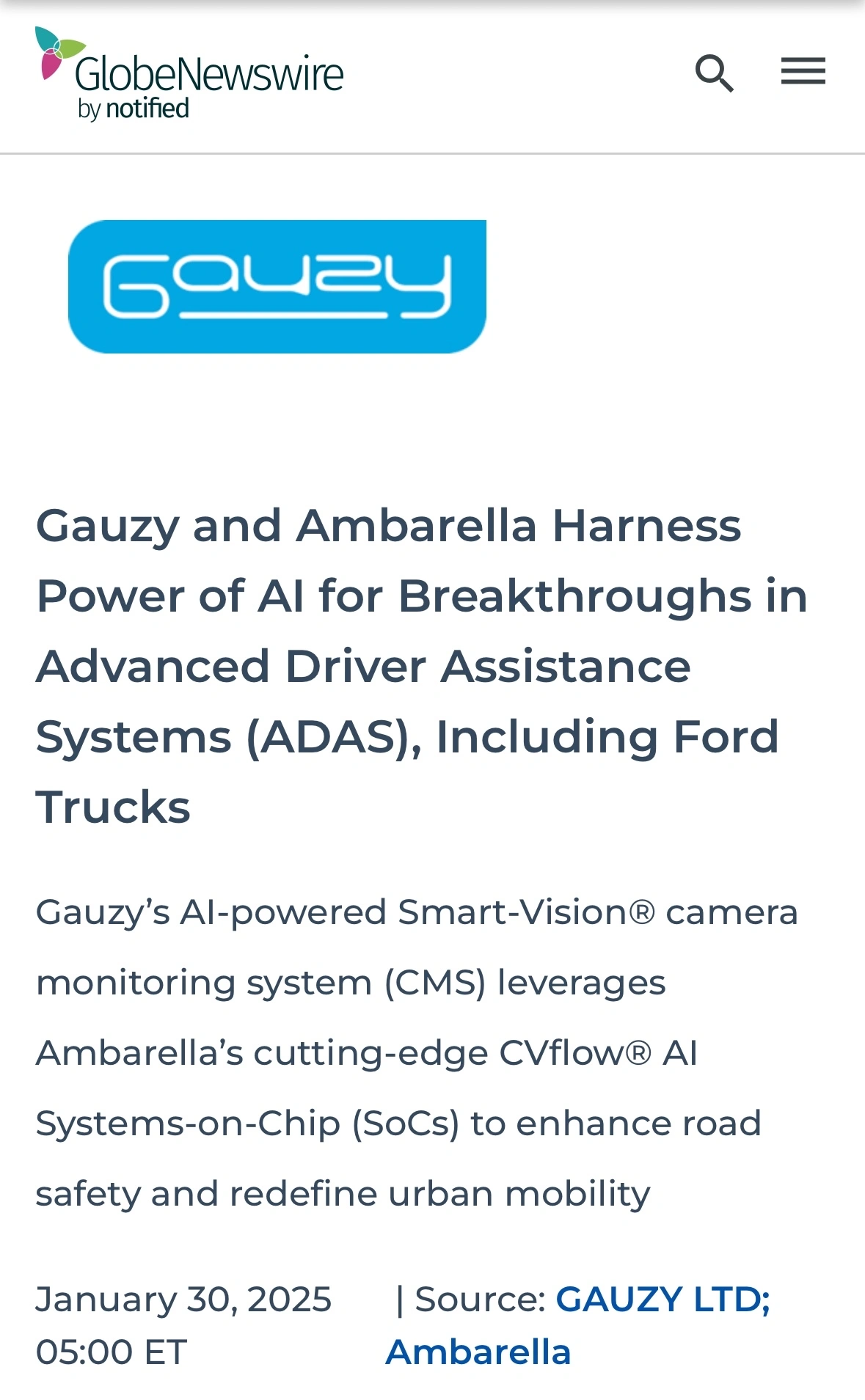 Gauzy and Ambarella Harness Power of AI for Breakthrough in Advanced Driver Assistance Systems (ADAS), Including Ford Trucks