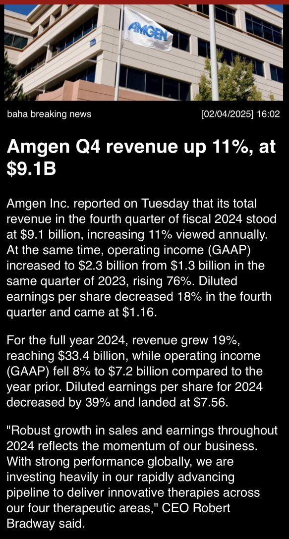 Amgen Q4 revenue up 11%, at $9.1B