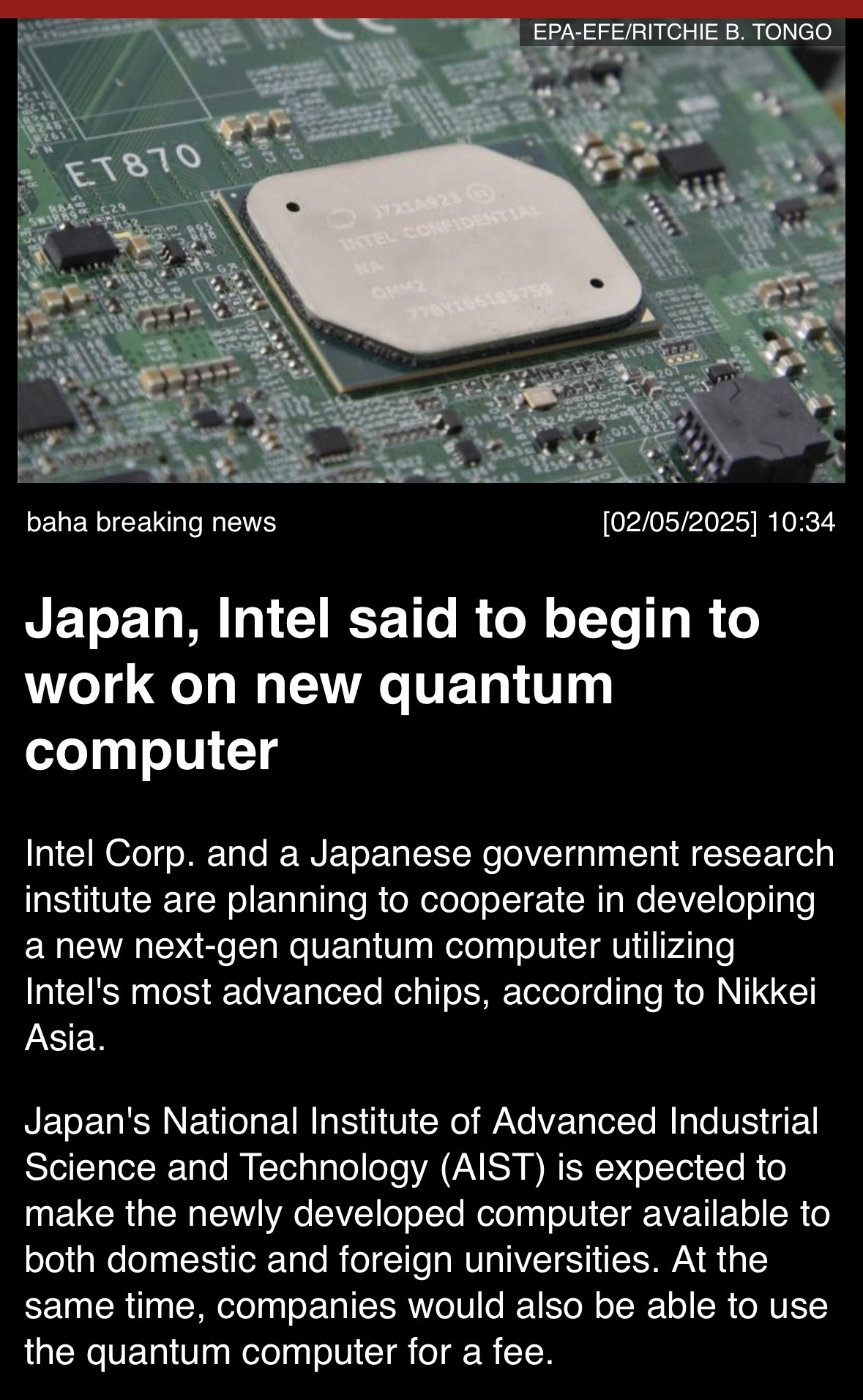 Japan, Intel said to begin to work in new quantum computer.